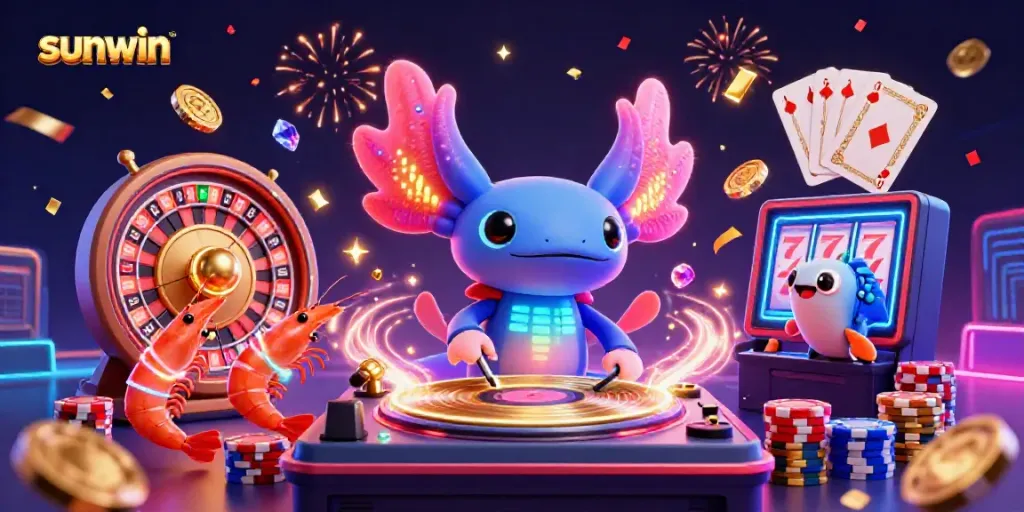 Witness the vibrant sunwin DJ party scene with neon colors, exciting casino elements, and underwater adventures!