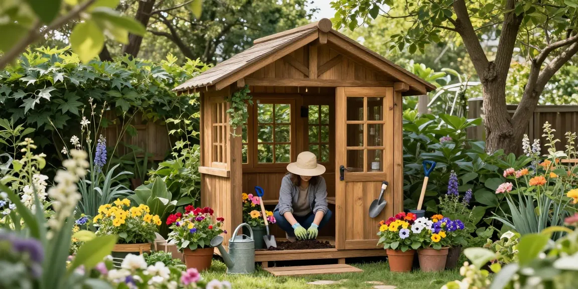Holz-Gartenhaus im Grünen mit bunten Blumen und Gartenwerkzeugen.