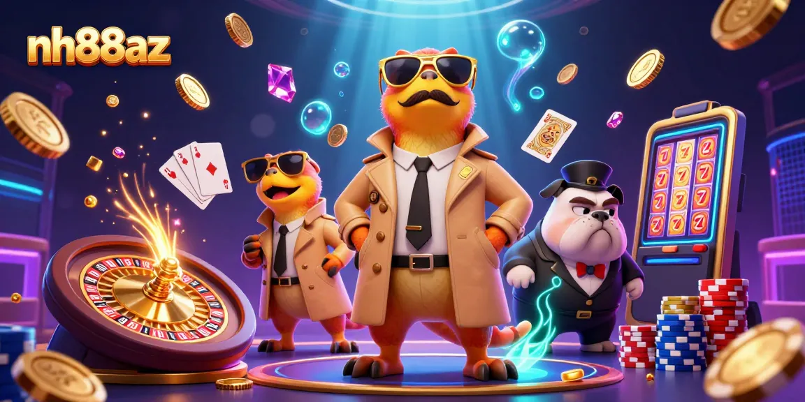 Engage with nh88az through a vibrant VIP casino scene featuring raptors amidst cascading coins and game elements.