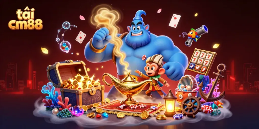 Experience the excitement of tải cm88 with a magic carpet ride in a vibrant casino scene.