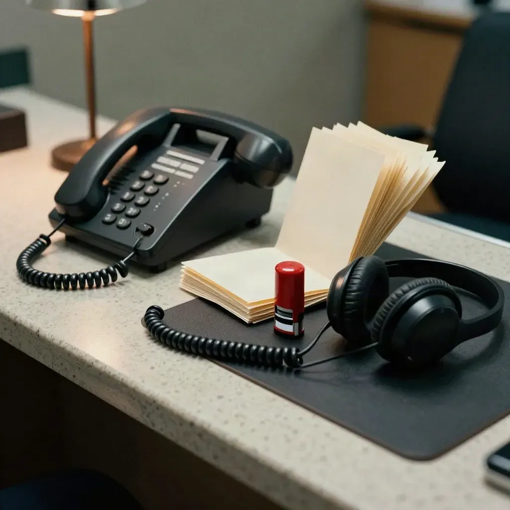 Telefon, Headset, Ordner und Stempel auf einer Travertinfläche im Bewerbungscheck