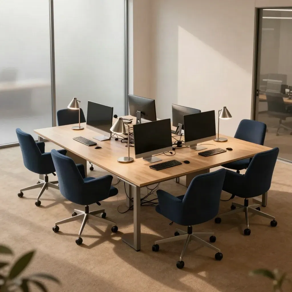 Modernes leeres Büro mit vier vorbereiteten Arbeitsplätzen, Stühlen und eingeschalteten Lampen.