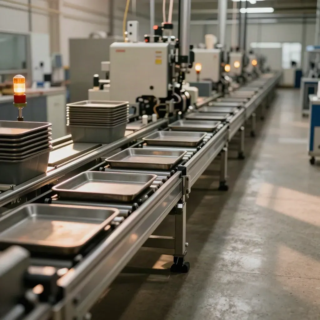 Produktionslinie mit laufenden Leertrays, Leuchtanzeigen und Materialboxen im warmen Fabriklicht.
