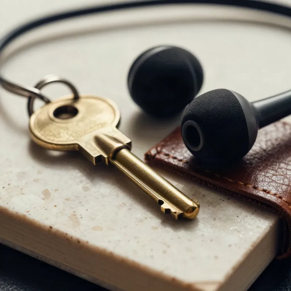 Brasschlüssel, Headset-Ohrstück und Stiftclip auf Lederblotter im Bürolicht.