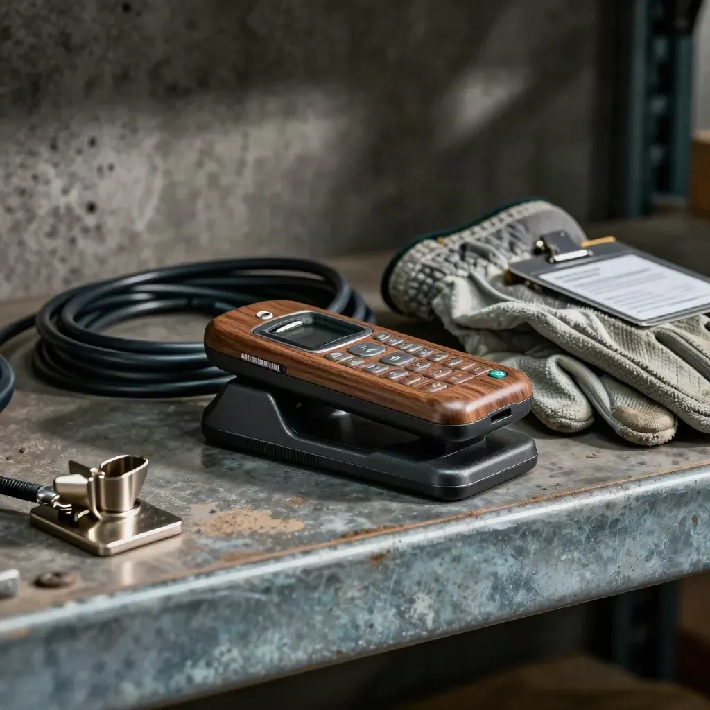 Arbeitsutensilien im Lager: Dock, Kabel, Handschuhbund und Ausweisrolle im dramatischen Licht.