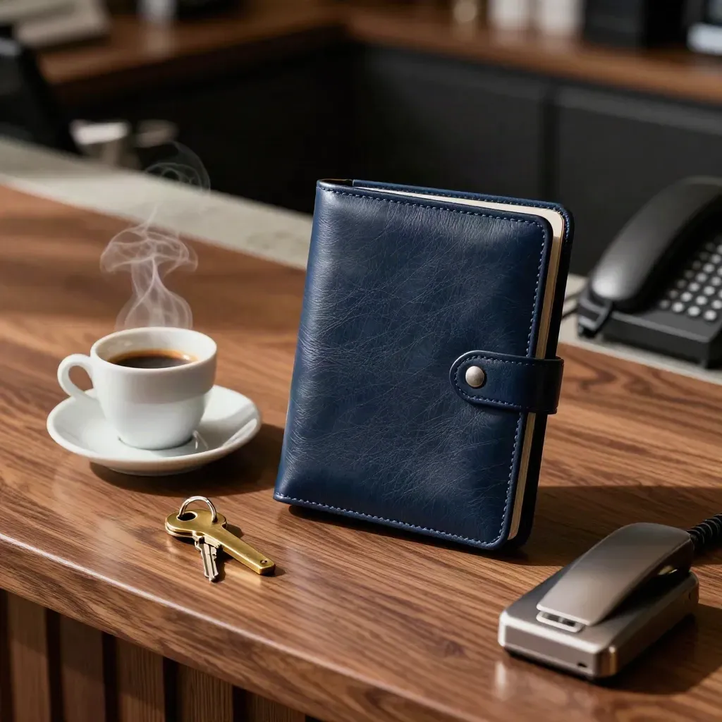 Portfolio, Espressotasse, Schlüsselanhänger und Telefonbasis auf Holz im weichen Bürolicht