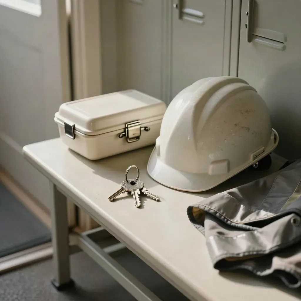 Schlüssel, Helm, Lunchbox und Warnweste auf einer Bank im Morgenlicht