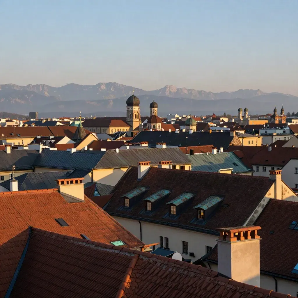 Münchner Dächer im Abendlicht mit Domkuppeln und fernen Alpen