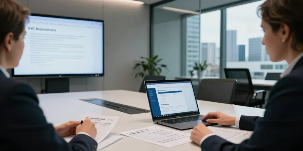 KYC-Registrierung und -Überprüfung in Belgien durch einen Compliance-Beauftragten in einem modernen Büro.