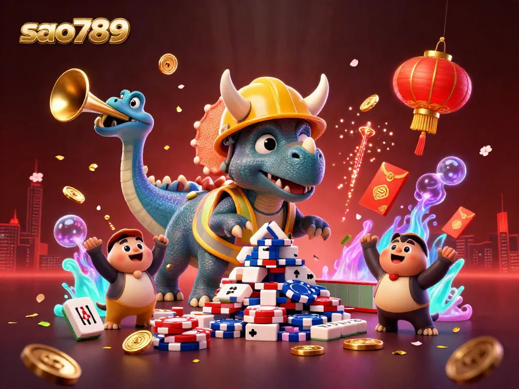 Sao789's triceratops builds poker chips while a parasaurolophus celebrates, surrounded by festive casino elements.