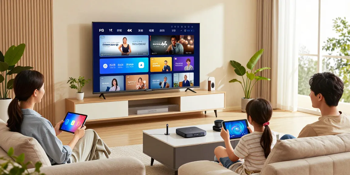 Familie genießt IPTV kaufen in modernem Wohnzimmer mit 4K Streaming.