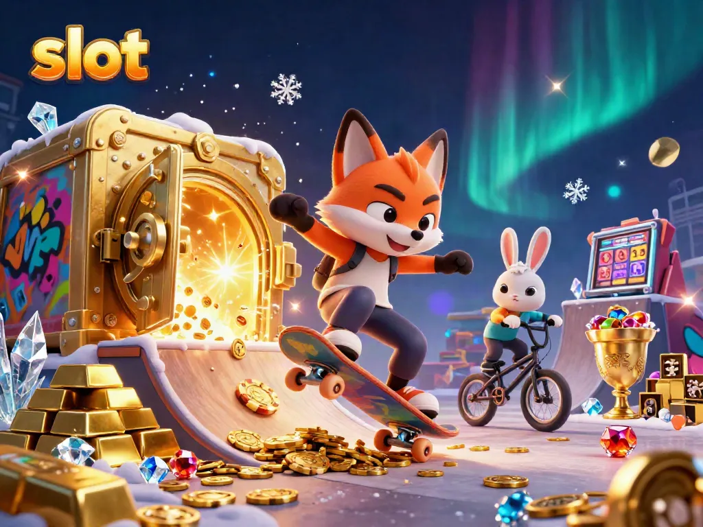 Experience thrilling slot action with cartoon fox and rabbit surrounded by riches