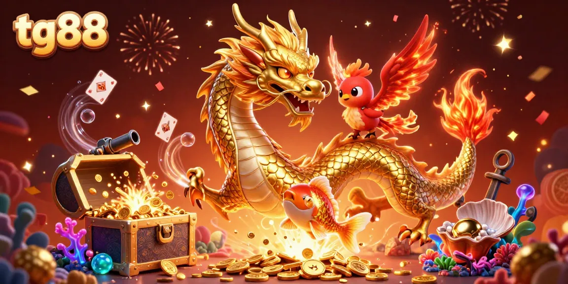 Play slots and bet at tg88 with vibrant casino elements featuring a golden dragon and koi fish.