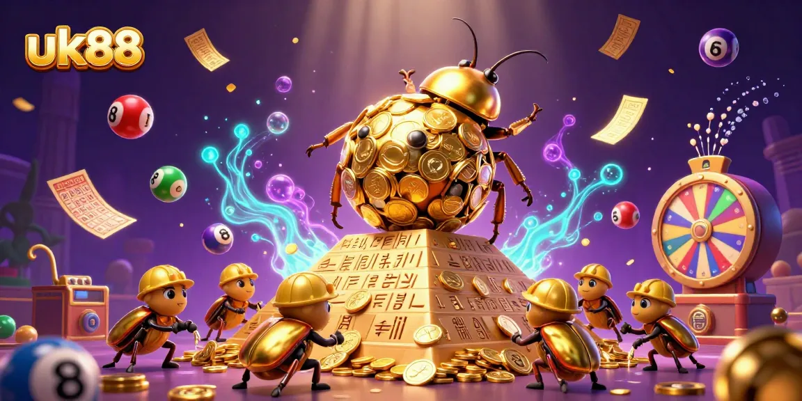 Experience the excitement of uk88 with a vibrant casino-themed 3D illustration featuring golden elements and lottery games.
