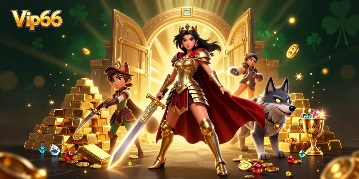 Experience the exciting world of Vip66 with a warrior queen and treasure in a captivating 3D scene.