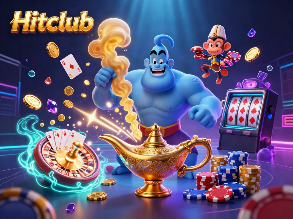 Spin the reels at Hitclub with a vibrant scene featuring a genie, monkey, and casino elements bursting with energy and color.