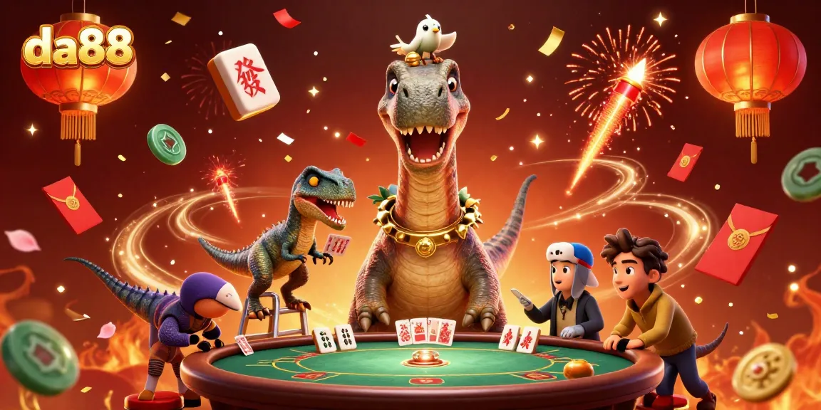 Join the da88 adventure with vibrant casino elements featuring a giant dinosaur in a lively scene.