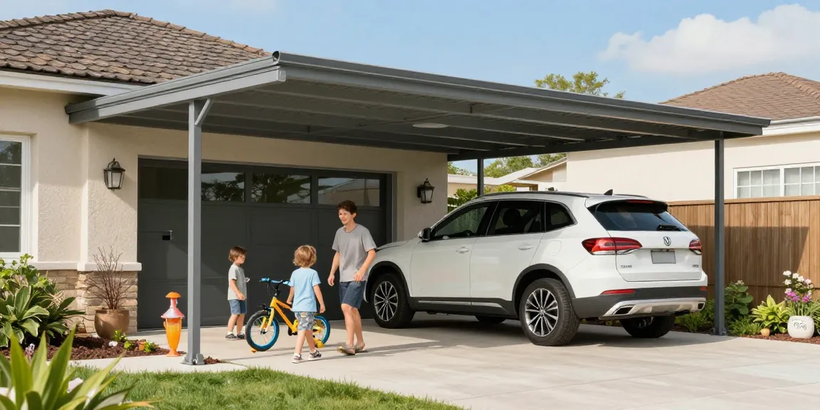Ein Carport schützt ein SUV, während eine Familie mit Kindern im Garten spielt, umgeben von Pflanzen und Dekorationen.