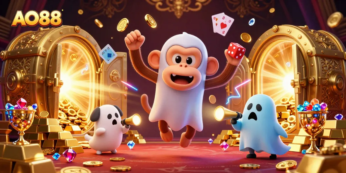 Engage with AO88's lively haunted casino scene, featuring a playful monkey and curious puppy.