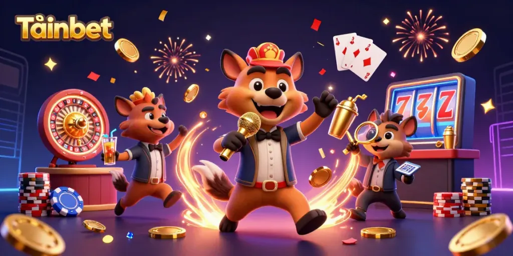Tảinbet highlights an animated scene of hyenas in a casino setting, showcasing excitement and engagement.