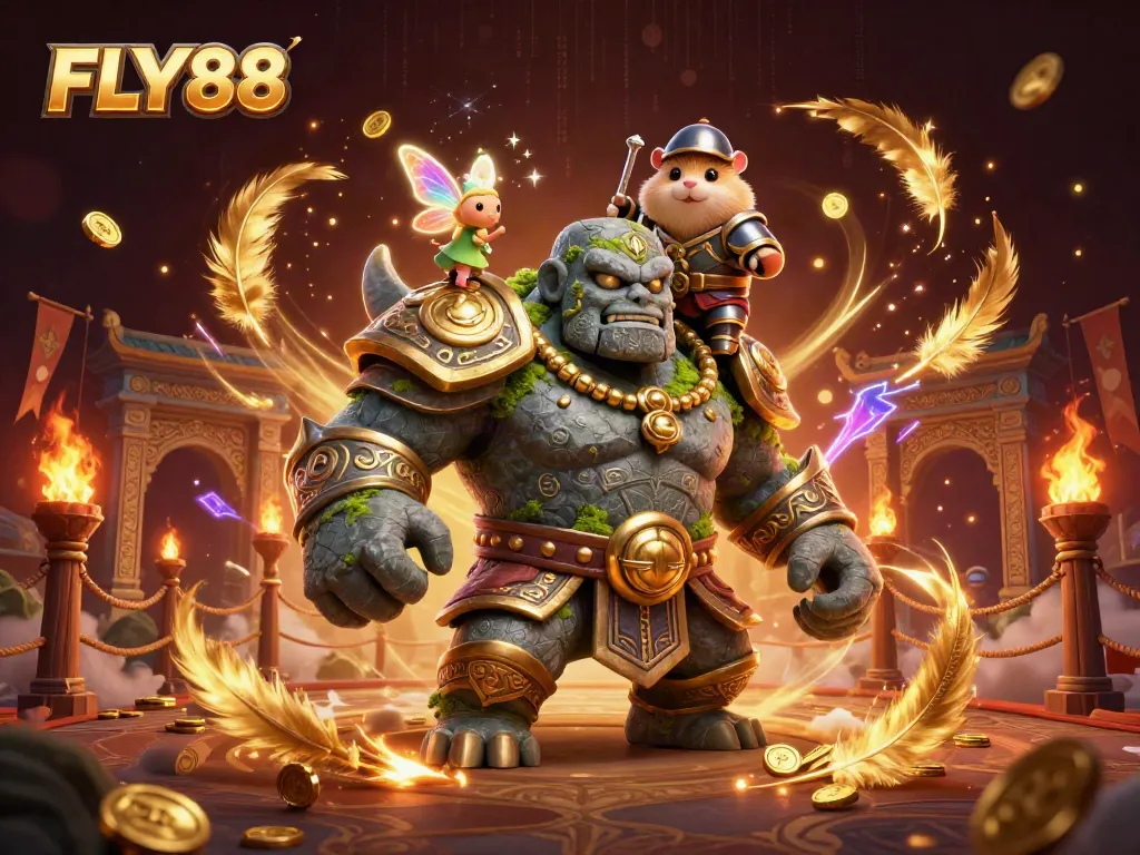 Engage with FLY88's magical gaming realm with a dynamic 3D casino illustration featuring a mystical golem, fairy, and hamster knight.