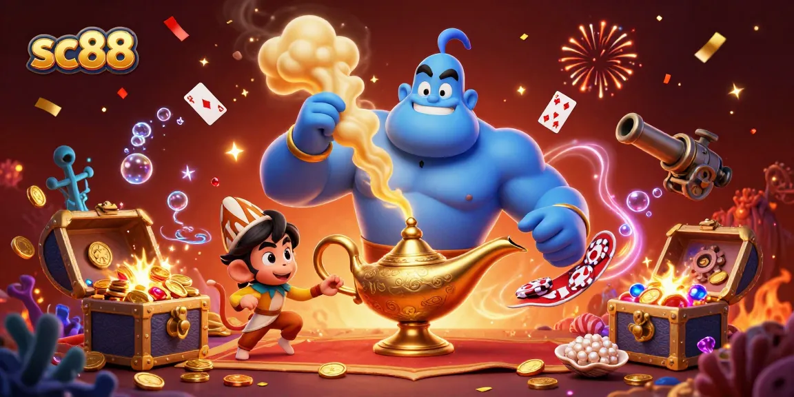 Engage in thrilling gameplay with sc88, where a genie and monkey delight in casino treasures!