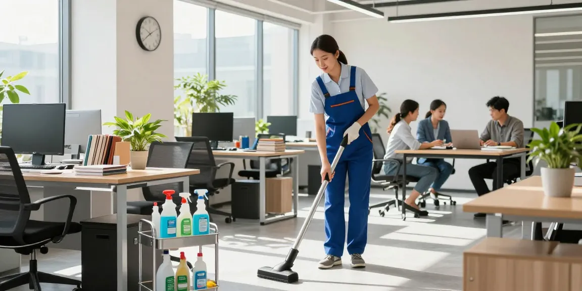 Professionelle Gebäudereinigung Düsseldorf: Reinigungskräfte in einem modernen Büro bei der Arbeit.