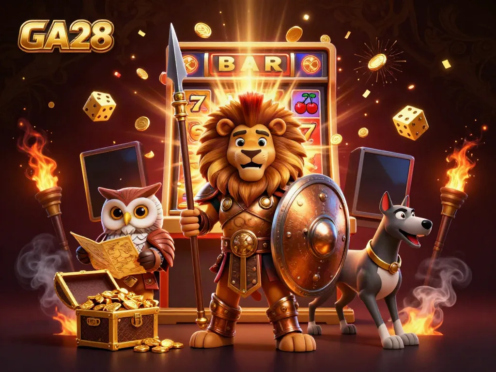 GA28 unleashes thrilling gaming excitement with a heroic lion and tactical owl in a dynamic casino scene.