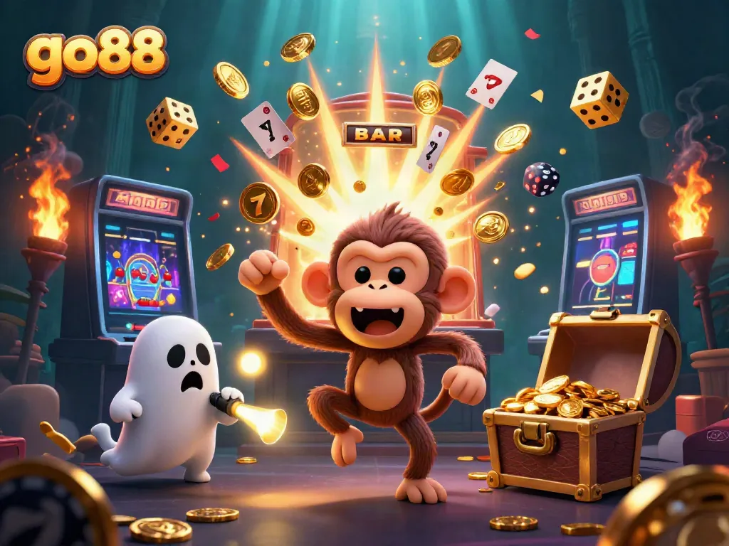 Engage with go88's magical casino adventure featuring a playful poltergeist monkey and a curious puppy.