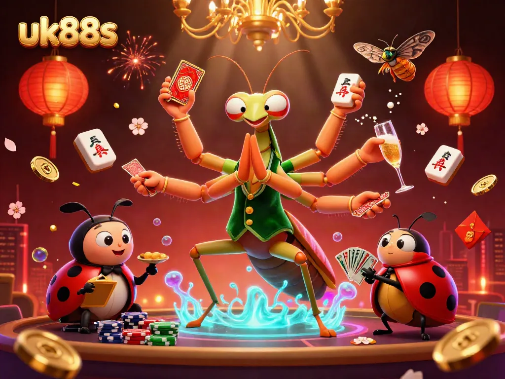 uk88s captures the excitement of a vibrant casino scene with a giant mantis and ladybug characters.