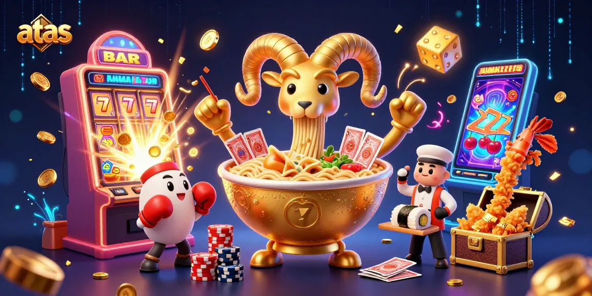 Engage with the atas online casino experience featuring vibrant characters in action amidst colorful casino elements.
