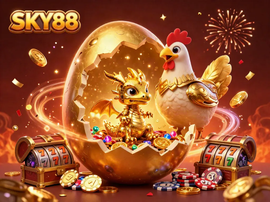 Engage with thrilling gambling action at SKY88, featuring a golden dragon and vibrant slot elements.