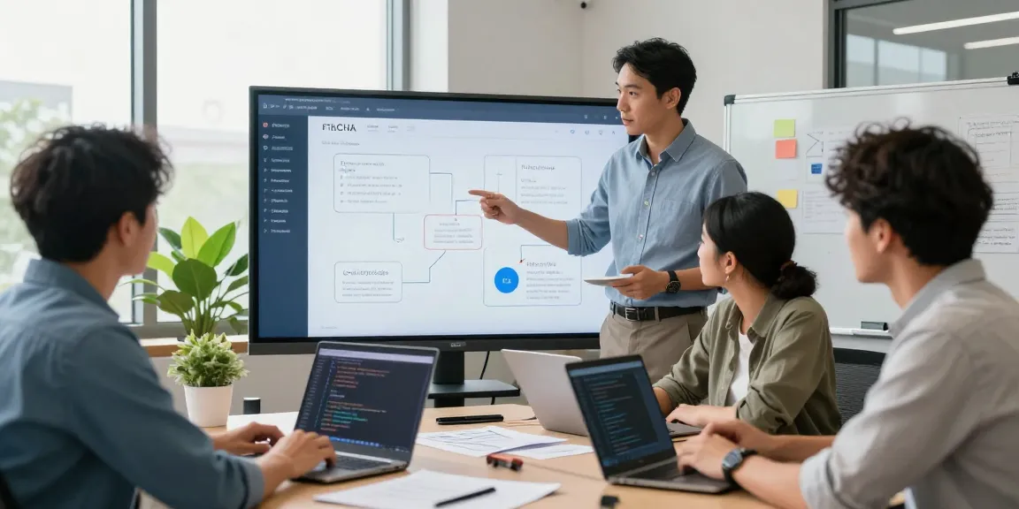 Team collaboration session to build internal tools with AI in a modern office.