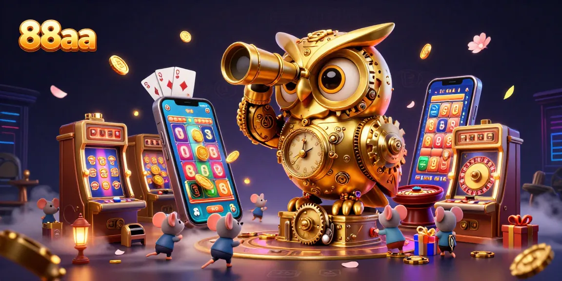 Engage with immersive casino action at 88aa, featuring a playful golden owl and charming mice among vibrant slot games.
