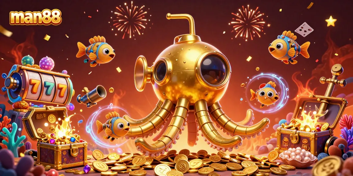 Man88's vibrant casino scene showcases a golden kraken submarine amidst slot reels and gold coins.