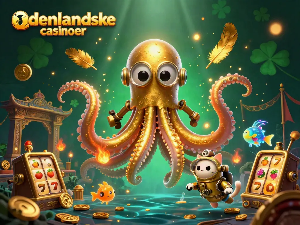 Engage in udenlandske casinoer with a vibrant scene featuring a kraken, diving cat, and dynamic casino elements.