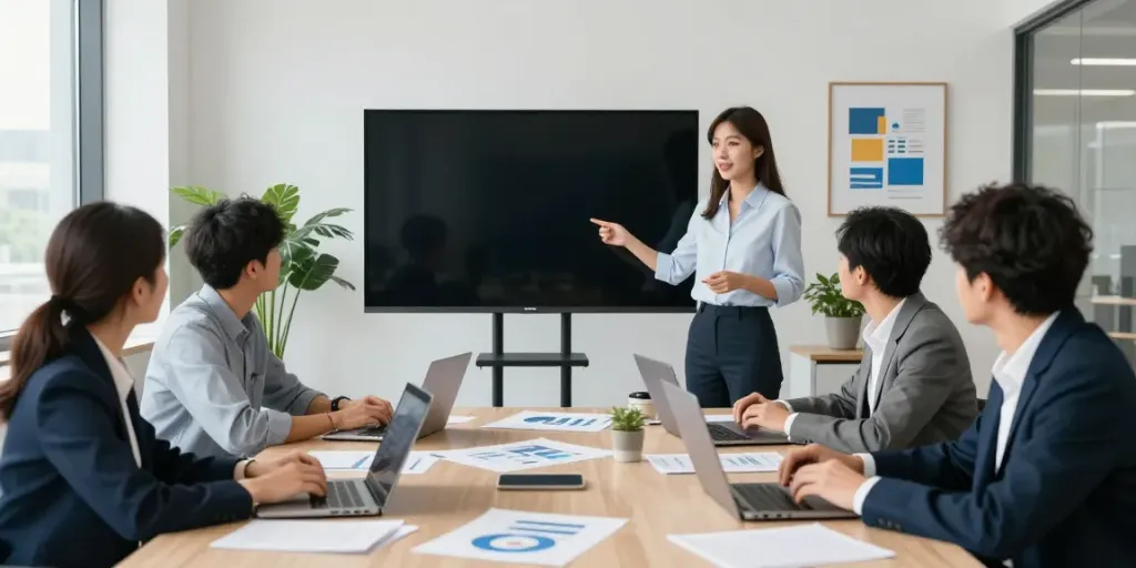 Equipo profesional discutiendo soluciones financieras usando netcash en una oficina moderna.
