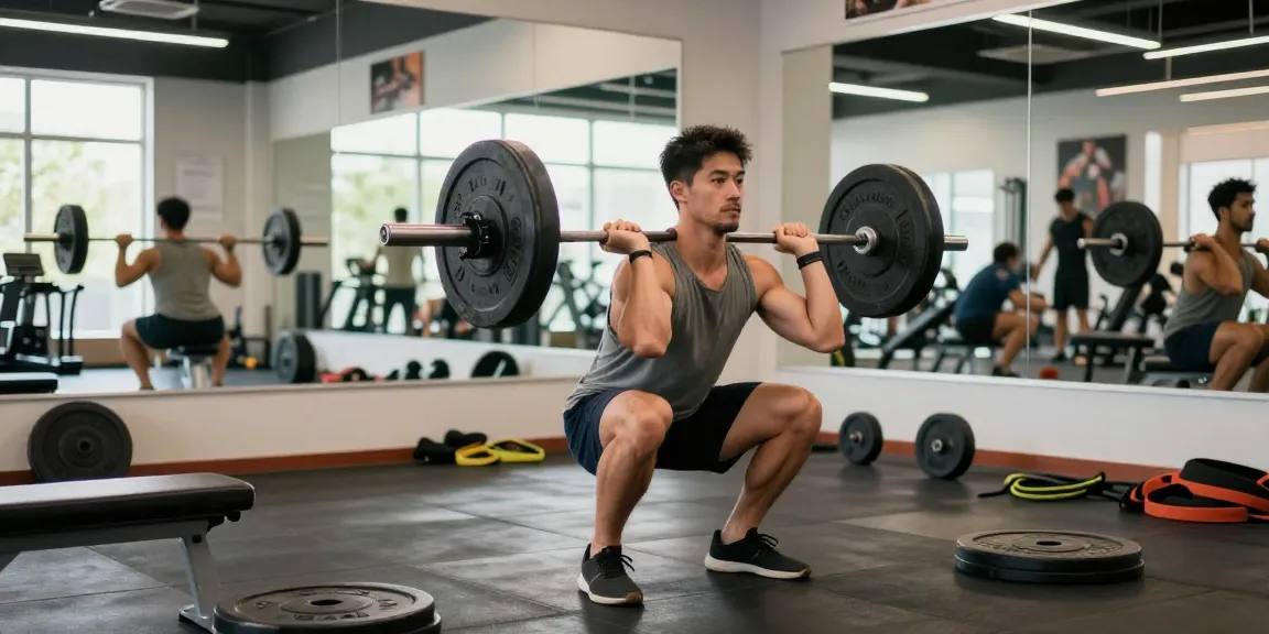 Kraftsportler führt schwere Kniebeugen in einem modernen Fitnessstudio aus und demonstriert Krafttraining im Anabolika Shop.