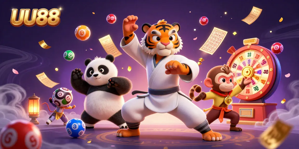 UU88 showcases a vibrant scene of a kung fu tiger master and friends surrounded by dynamic gambling elements.