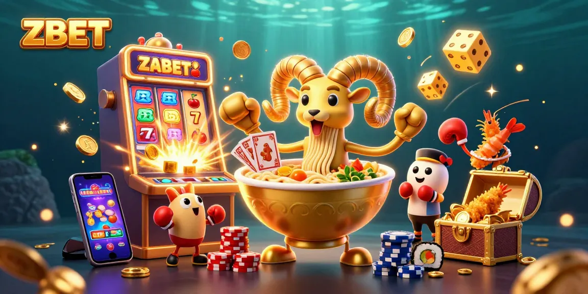 ZBET showcases thrilling casino action with a golden ramen bowl dealer, vibrant slot explosion, and energetic motifs.