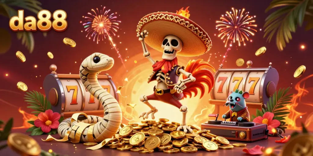 Engage with the dynamic da88 victory dance scene featuring a mariachi rooster, mummy snake, and zombie DJ amidst golden coins and slot reels.