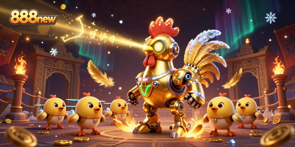 Engage in thrilling gameplay with 888new as vibrant golden rooster robot and baby chick drones adorn the casino scene.
