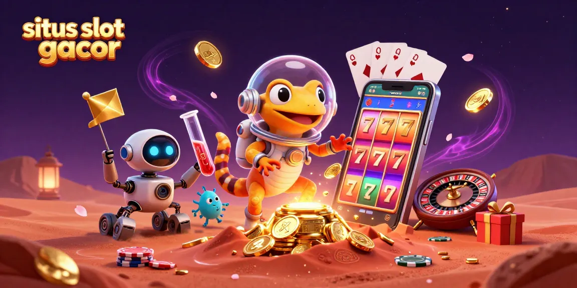 Situs slot gacor scene with a Martian gecko exploring a golden casino, surrounded by vibrant gaming elements.