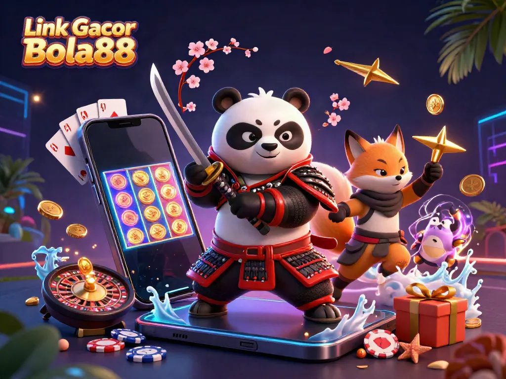 Engage with Link Gacor Bola88 in a vibrant 3D scene featuring a samurai panda, ninja fox, and magical tanuki.