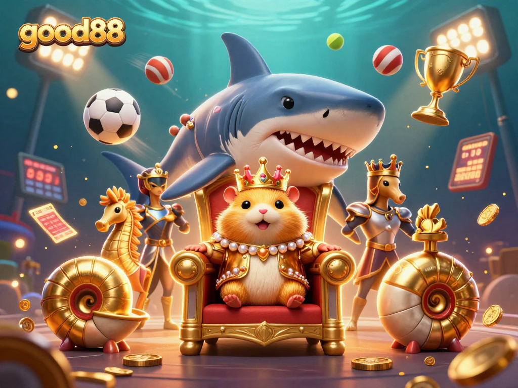 Immerse in the vibrant world of good88 with the fierce hamster king on a shark throne surrounded by sports elements.