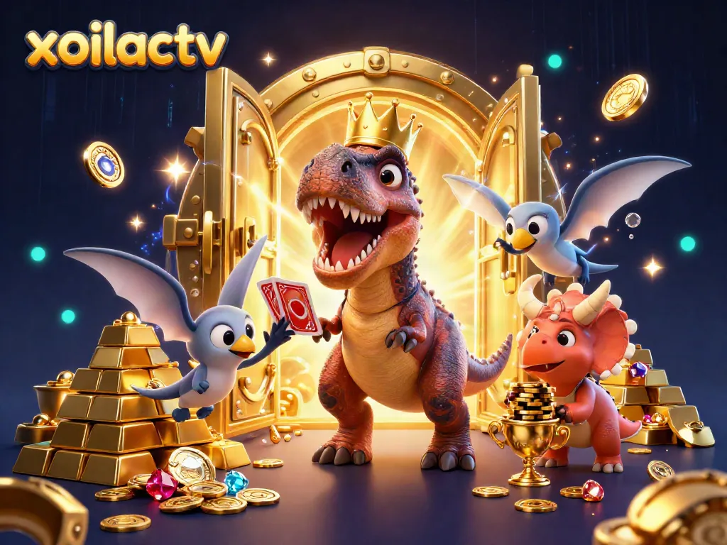 Xoilactv showcases a fun scene with a T-Rex shuffling cards while a triceratops stacks gold chips, embodying an exciting gambling atmosphere.