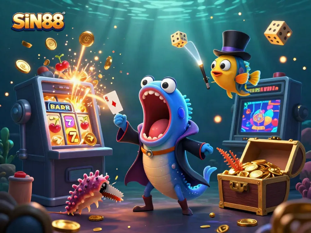 SIN88 magical underwater casino scene with vibrant characters showcasing a thrilling gambling experience