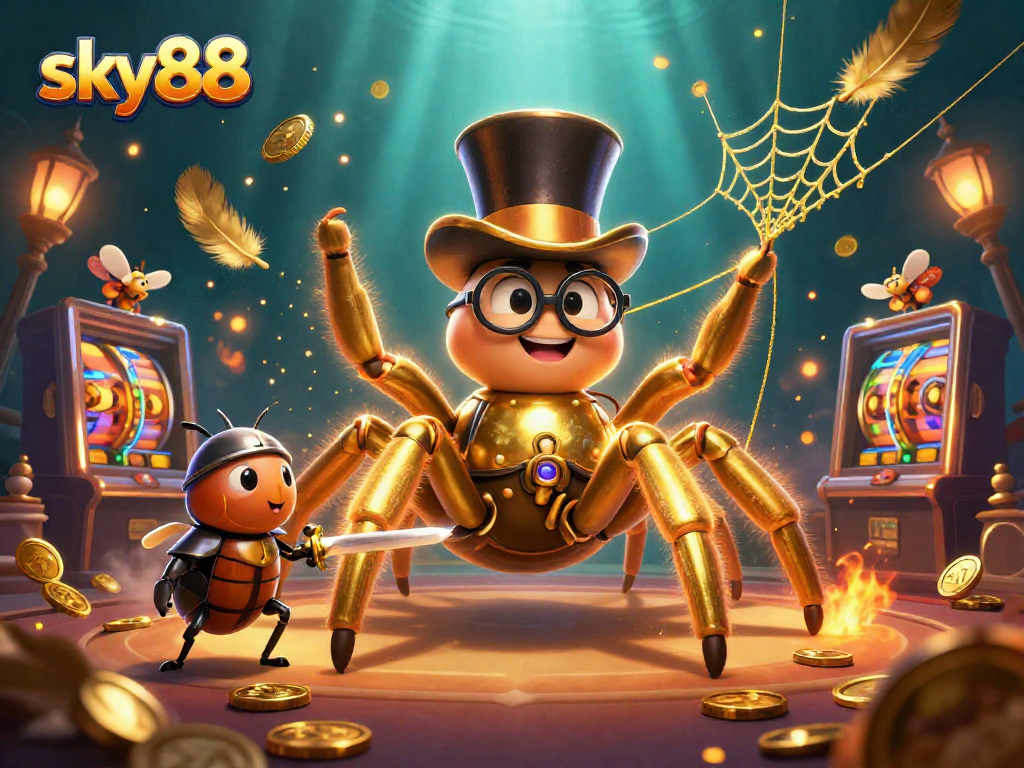 Watch the sky88 slot adventure unfold with a golden tarantula, knight beetle, and casino excitement!