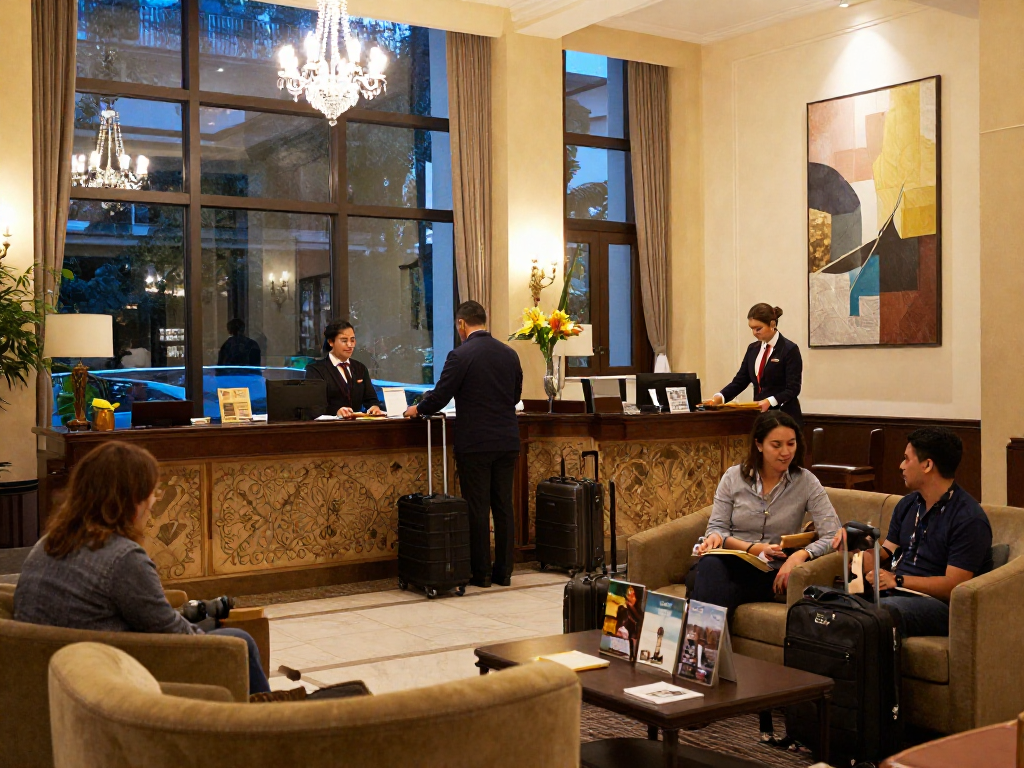 The rokok88 login portal features a modern hotel lobby welcoming guests for a comfortable stay.
