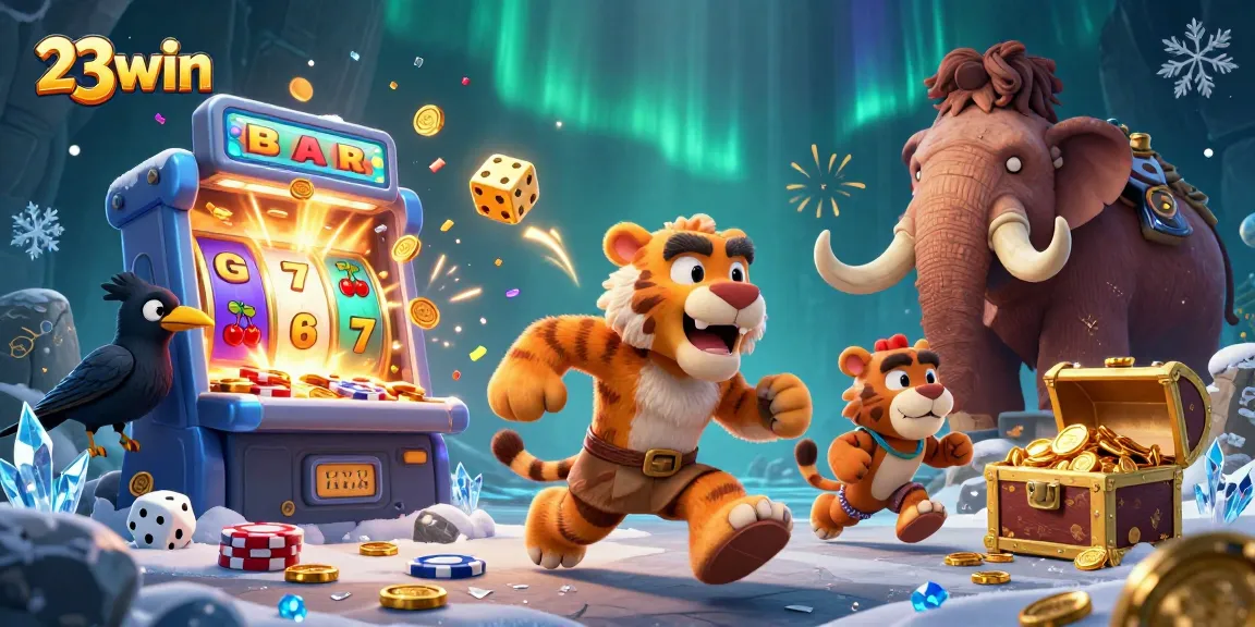 Experience exciting wins at 23win with a dynamic casino scene featuring colorful slot machines and lively characters.